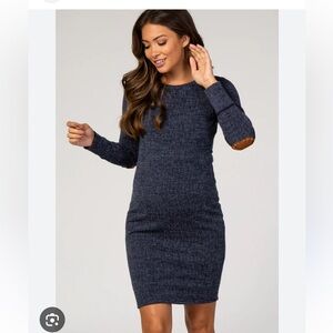 PinkBlush Navy Heather Suede elbow patch sleeve maternity dress